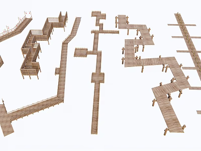 Wooden Boardwalk Road Facilities With Various Shapes And Design Layouts 3d model