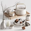 Elegant White Ceramic Tableware Set With Teapot Bowls Cups And Wooden Tray