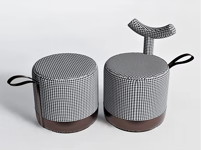 Round Ottoman Stools Featuring Black And White Checkered Design Brown Base And Leather Strap 3d model