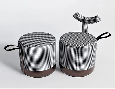 Round Ottoman Stools Featuring Black And White Checkered Design Brown Base And Leather Strap 3d model