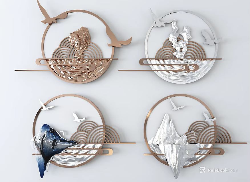 Elegant Circular Metallic Wall Decor Featuring Mountain Bird And Wave Patterns 3d model