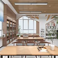 Book Art Inspired Library Interior With Shelves Natural Light And Plants