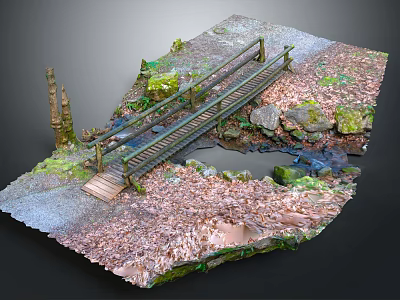 Scenic Landscape Bridge with Wooden Planks Among Rocks and Fallen Leaves in Natural Setting 3d model