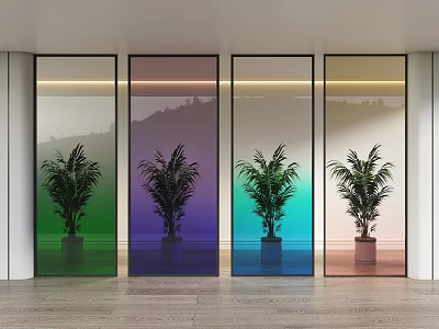 Colorful Glass Partitions With Potted Palm Plants And Mountain View Background 3d model