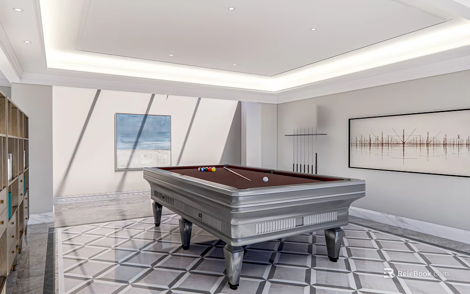 Modern Billiard Room Interior With Sleek Table Checkered Floor And Wall Artwork 3d model