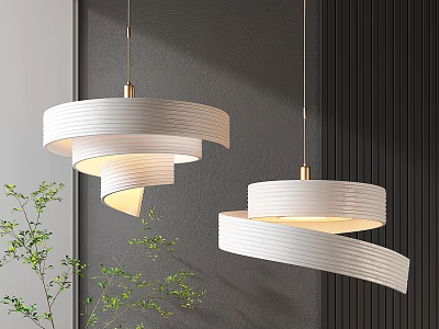 Modern White Spiral Pendant Lights With Warm Glowing Light Grey Wall And Green Plant Decor 3d model