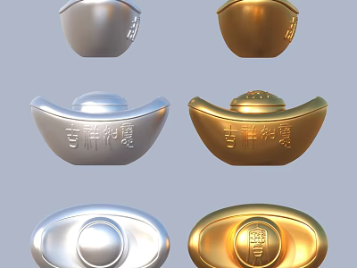 Silver And Gold Ingot Shaped Decorative Ornaments With Chinese Auspicious Blessing Characters For Home Use 3d model
