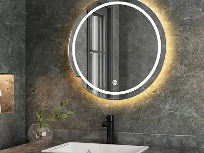 Round LED Illuminated Bathroom Mirror on Gray Wall with Modern Faucet and Decorative Plant 3d model