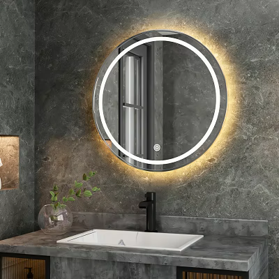 Round LED Illuminated Bathroom Mirror on Gray Wall with Modern Faucet and Decorative Plant 3d model