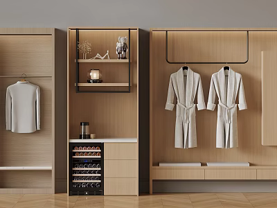 Modern Wooden Walk in Closet Interior With Hangers White Robes Decorations Lamp And Wine Rack 3d model