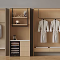 Modern Wooden Walk in Closet Interior With Hangers White Robes Decorations Lamp And Wine Rack