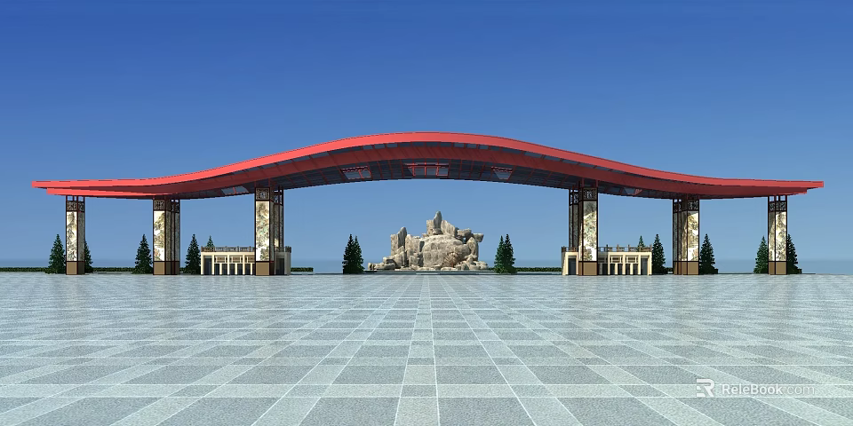 Red Arched Entrance Gate With Stone Columns Paved Square And Rock Formation Under Blue Sky 3d model 