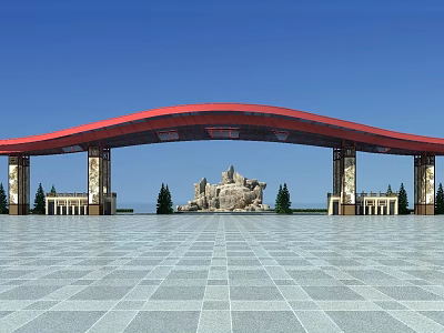 Red Arched Entrance Gate With Stone Columns Paved Square And Rock Formation Under Blue Sky 3d model