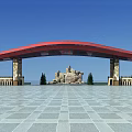 Red Arched Entrance Gate With Stone Columns Paved Square And Rock Formation Under Blue Sky