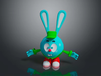 Cartoon Turquoise Rabbit with Large Ears Green Cap Red Shoes Cheerful Expression And Outstretched Arms 3d model