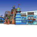 Vibrant Coastal Themed Buildings With Lighthouse Marlin Decor And Colorful Signs