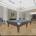 Stylish Billiard Room Interior Design With Pool Table Comfortable Seats And Elegant Lighting 3d model