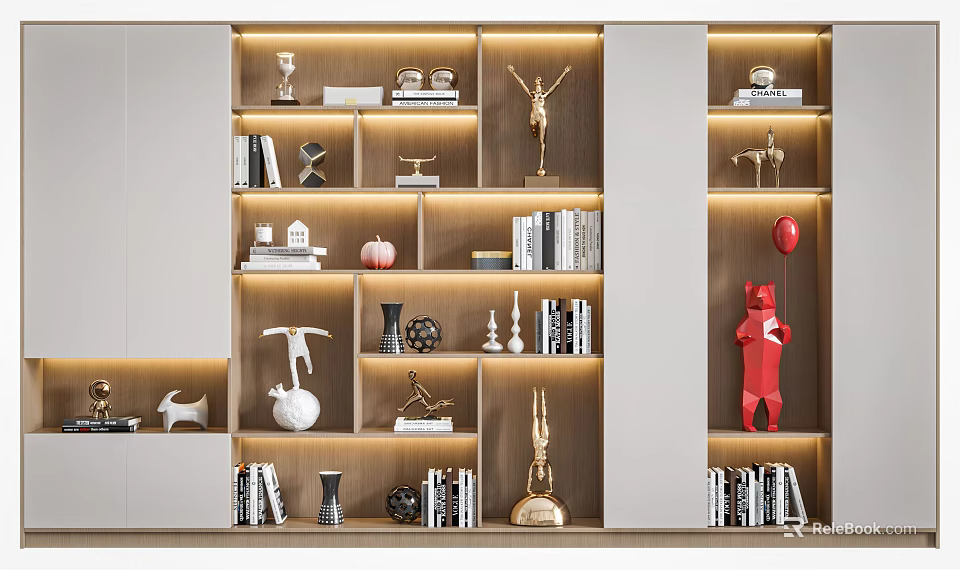 Modern Layered Bookcase With Books Decorative Sculptures Vases And LED Lighting 3d model 