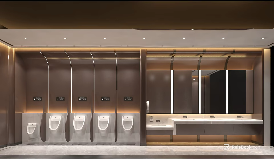 Modern Public Restroom Interior Design With Urinals Sink Counter And Mirror Lighting 3d model 