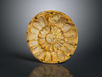 Golden Circular Decorative Plate With Petal Design And Green Accents 3d model