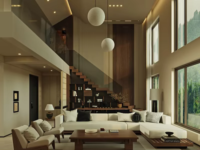 Comfortable Modern High Ceiling Living And Dining Room With Natural Wood Furnishings And Large Windows 3d model