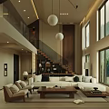 Comfortable Modern High Ceiling Living And Dining Room With Natural Wood Furnishings And Large Windows