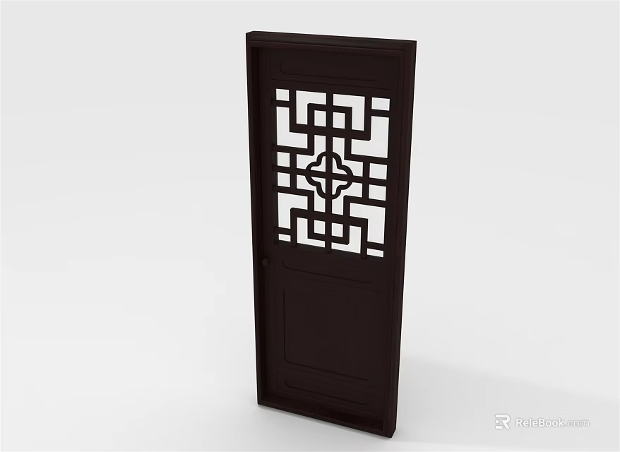 Chinese Traditional Wooden Door With Intricate Lattice Carved Pattern And Dark Brown Finish 3d model 