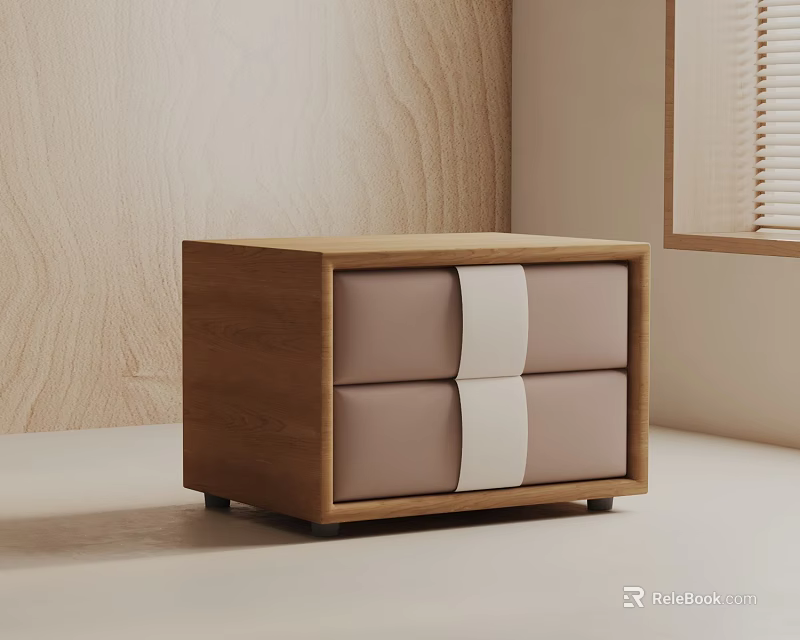 Modern Wooden Side Table With Light Brown Drawers And White Strap Detail 3d model 