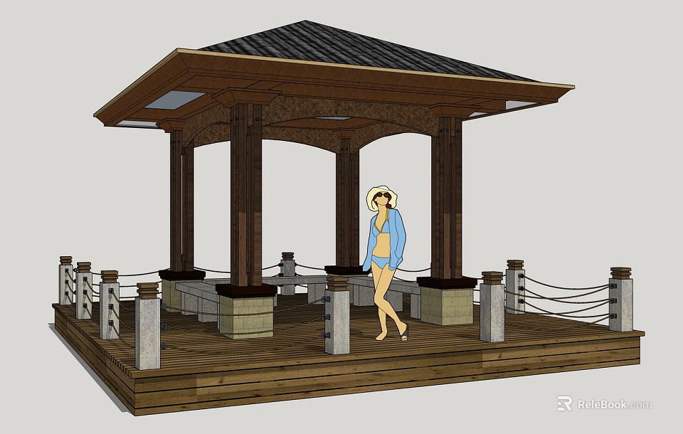 Wooden Pavilion With Black Roof And Railing On Platform With Woman Standing 3d model 