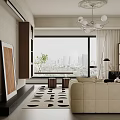 Modern Dining Living Room Interior With Wooden Furniture Large Windows City View And Green Plant