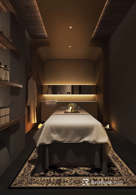 Relaxing SPA Sauna Setting With Massage Table White Sheet Candles And Robe For Comfortable Experience 3d model 