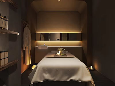 Relaxing SPA Sauna Setting With Massage Table White Sheet Candles And Robe For Comfortable Experience 3d model