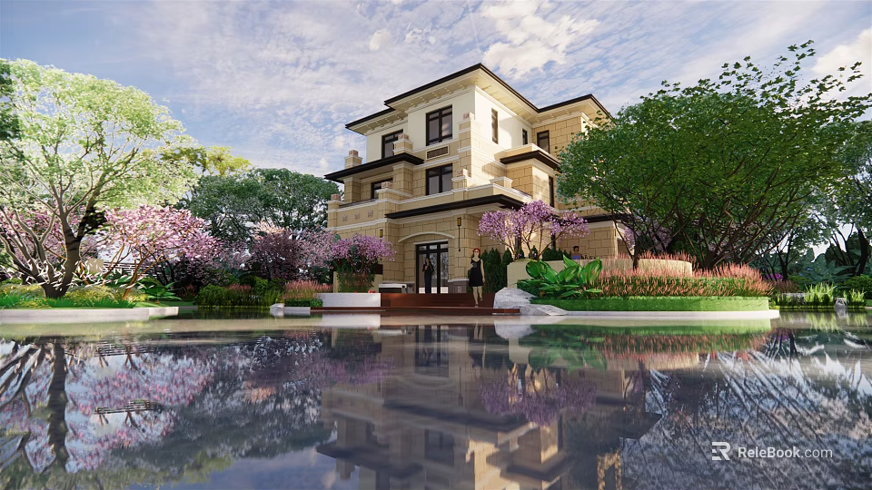 Elegant Detached Villa With Lush Garden Flowering Trees And Water Pool Reflection 3d model 