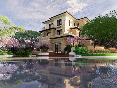 Elegant Detached Villa With Lush Garden Flowering Trees And Water Pool Reflection 3d model