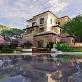 Elegant Detached Villa With Lush Garden Flowering Trees And Water Pool Reflection