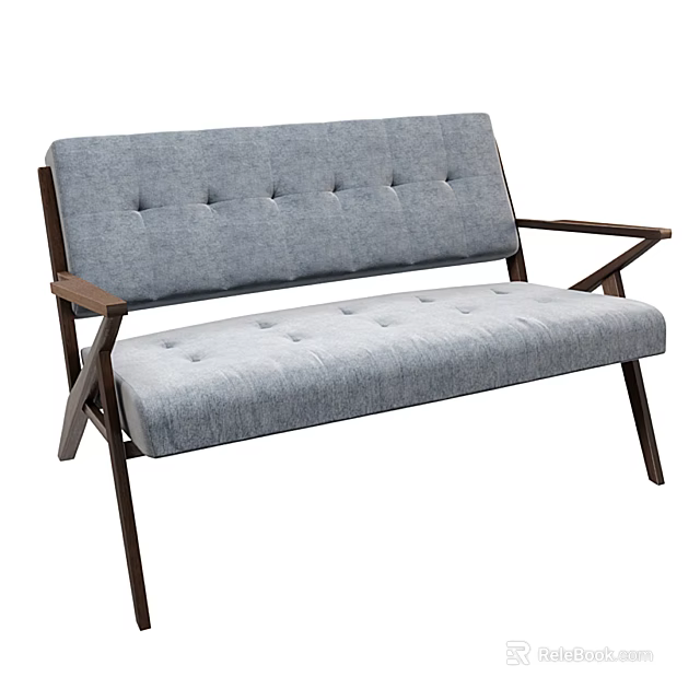 Gray Tufted Two Seater Sofa With Wooden Arms And Modern Design 3d model 