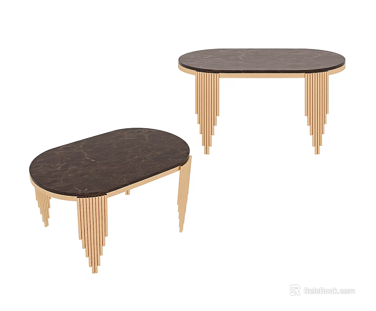 Modern Elegant Oval Coffee Tables With Dark Tabletop And Gold Striped Legs 3d model 