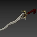 Ornate Fantasy Weapon With Golden Carved Designs Red Glowing Skull On Blade And Brown Handle