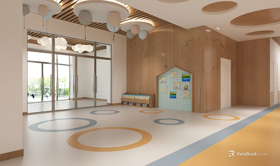 Cheerful Kindergarten Interior With Wooden Walls Circular Ceiling And Colorful Circular Floor Patterns 3d model 