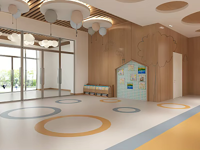 Cheerful Kindergarten Interior With Wooden Walls Circular Ceiling And Colorful Circular Floor Patterns 3d model