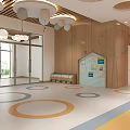 Cheerful Kindergarten Interior With Wooden Walls Circular Ceiling And Colorful Circular Floor Patterns