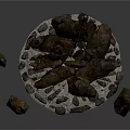 Wood And Stone Fire Pit Structure With Circular Base Irregular Blocks And Central Pole
