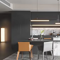 Modern Restaurant Interior Design With Dark Cabinets Marble Island Pendant Lights And Two Chairs