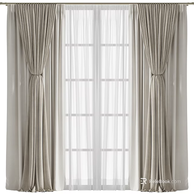 Elegant Beige Curtains With Sheer Panels And Tiebacks For Window Decoration 3d model 
