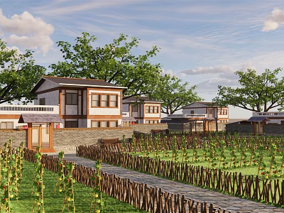 Traditional Country Houses Surrounded By Green Vineyard Fields And Trees With Stone Path 3d model