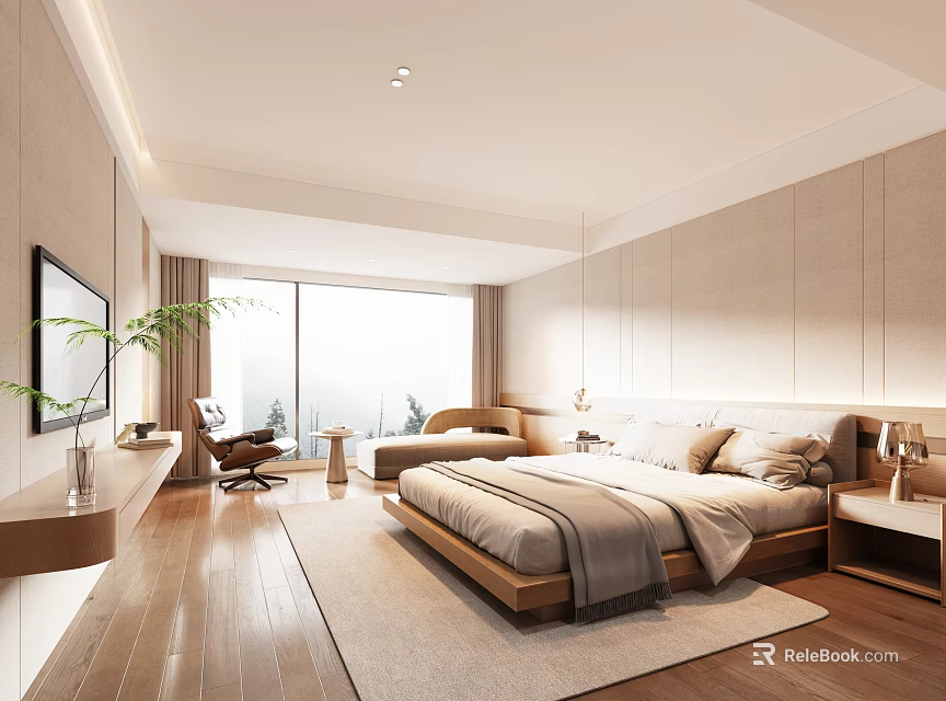 Elegant Modern Hotel Room Interior With Comfortable Bed Large Window Wooden Floor And Armchair 3d model 