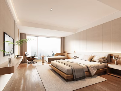 Elegant Modern Hotel Room Interior With Comfortable Bed Large Window Wooden Floor And Armchair 3d model