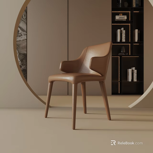 Table Lamp on Black Bookshelf with Several Books and Brown Leather Armchair 3d model 