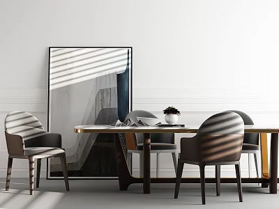 Modern Minimalist Dining Table Set With Striped Chairs Potted Plant And Framed Artwork 3d model