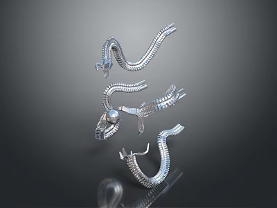 Silver Curved Serpentine Metallic Equipment With Spiral Body On Dark Reflective Background 3d model